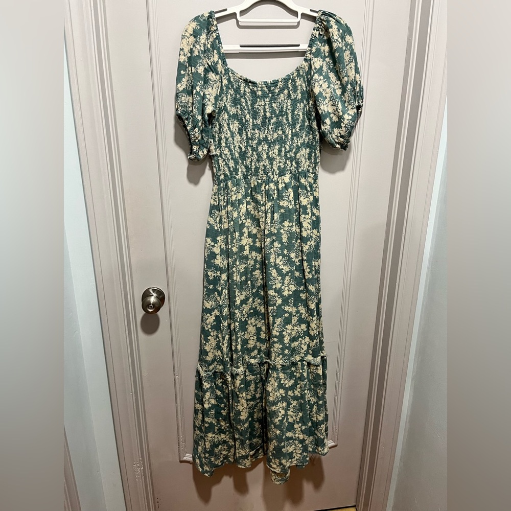 Johnny Was Teal Green Floral Puff-Sleeve Maxi Dress - Picture 3 of 3